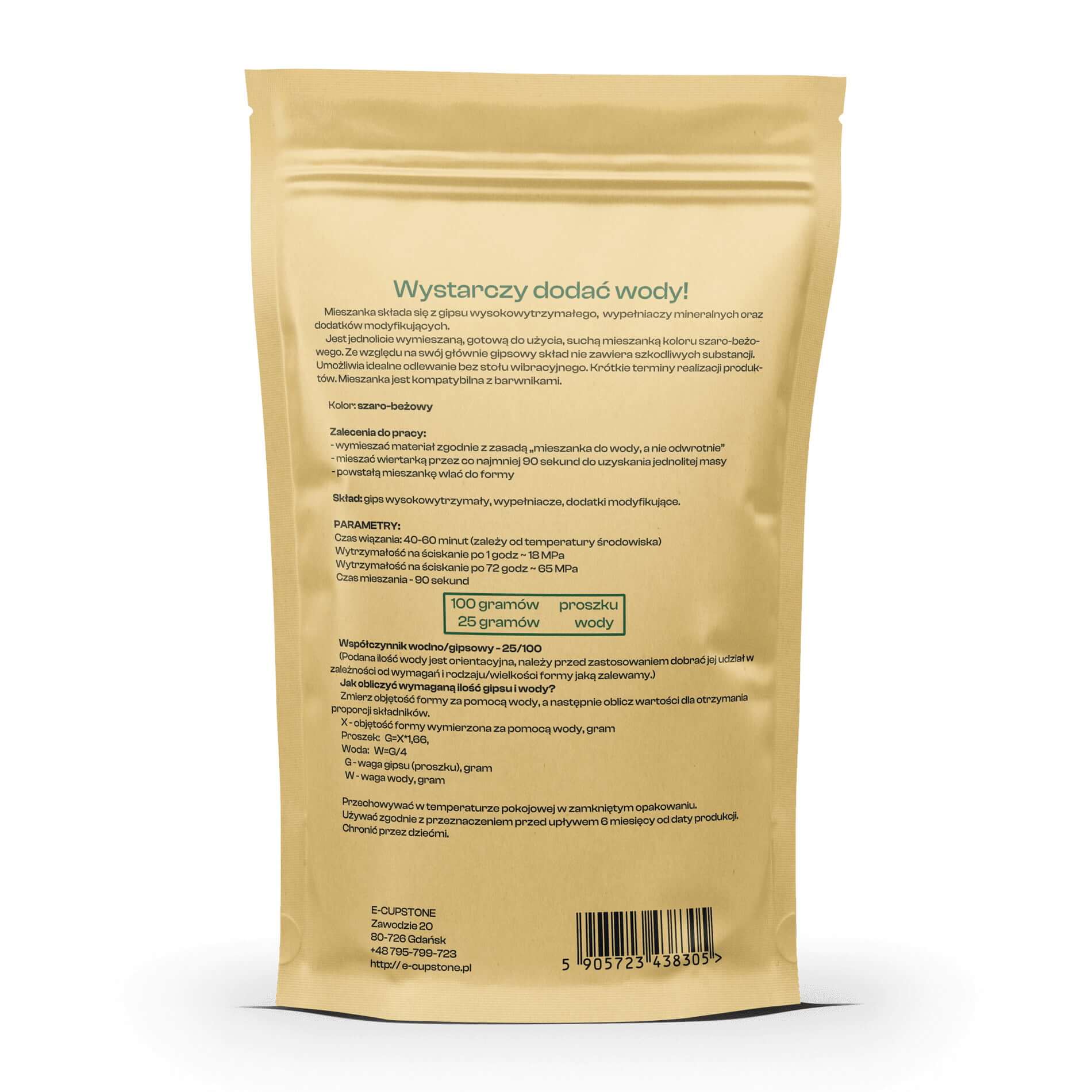 E-cupstone gips polimerowy HandiCast (65MPa) 1 kg opakowanie z tyłu