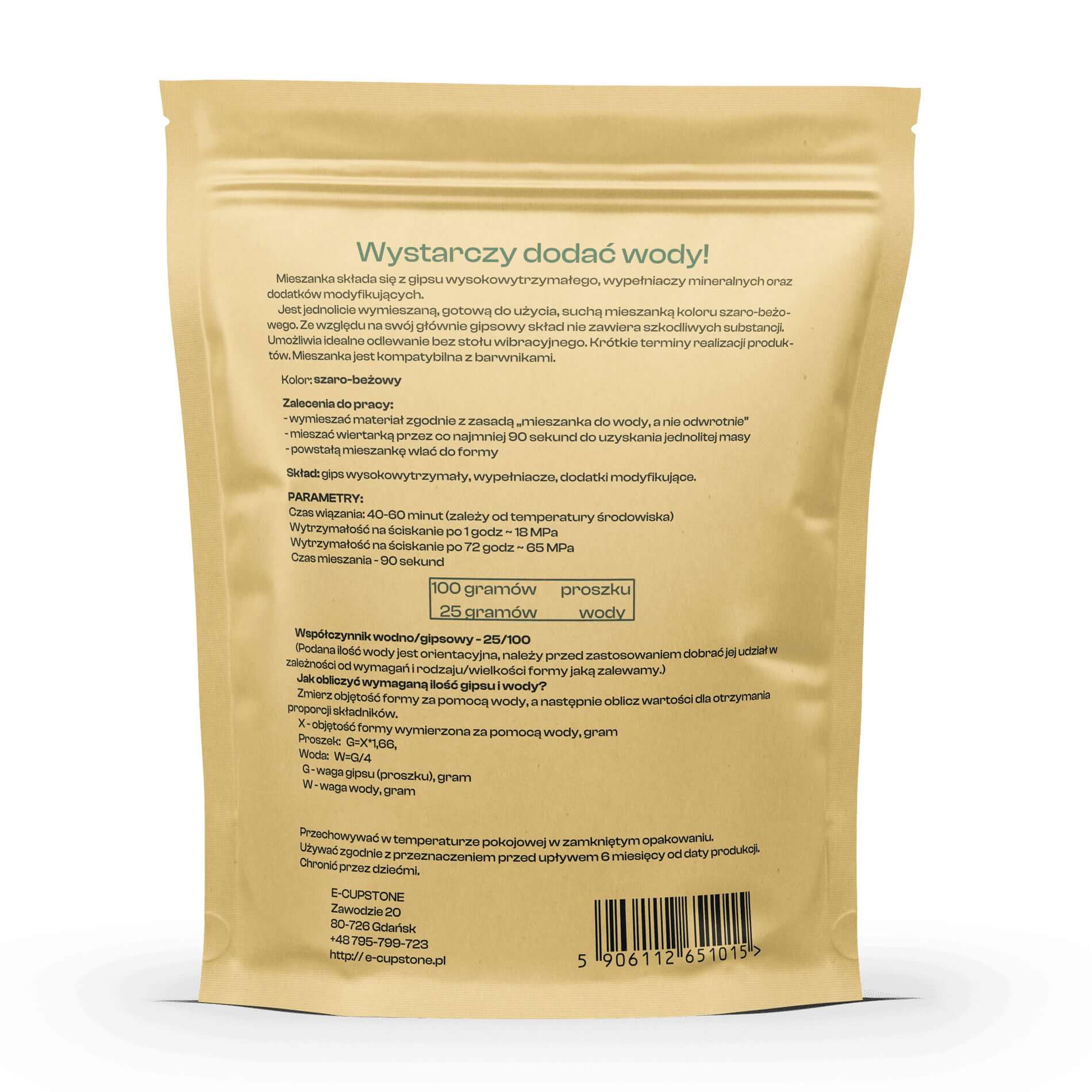 Worek gipsu polimerowego HandiCast (65MPa) - opakowanie z tyłu